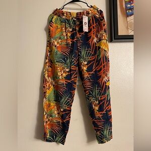 Panama Jack Hawaiian Leaf Print Linen Blend Elastic Waist Floral Wide Leg Pants